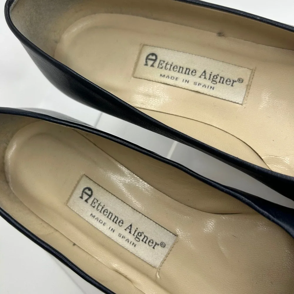 Etienne Aigner Madison Navy Blue Leather Block Heel Pumps Shoes Made Spain 6.5M